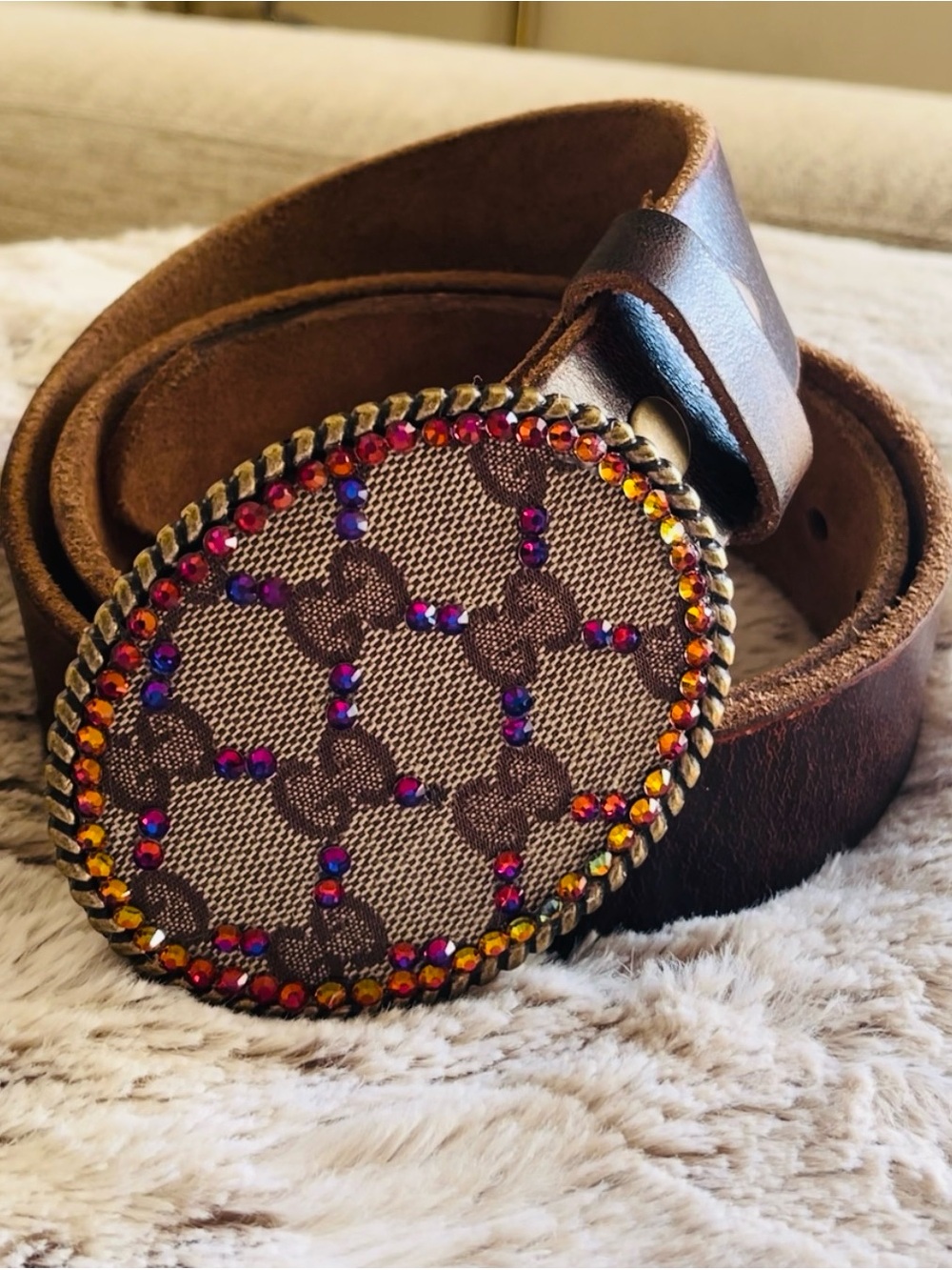 Gucci Brown Leather Belt with Jeweled GG Oval Buckle